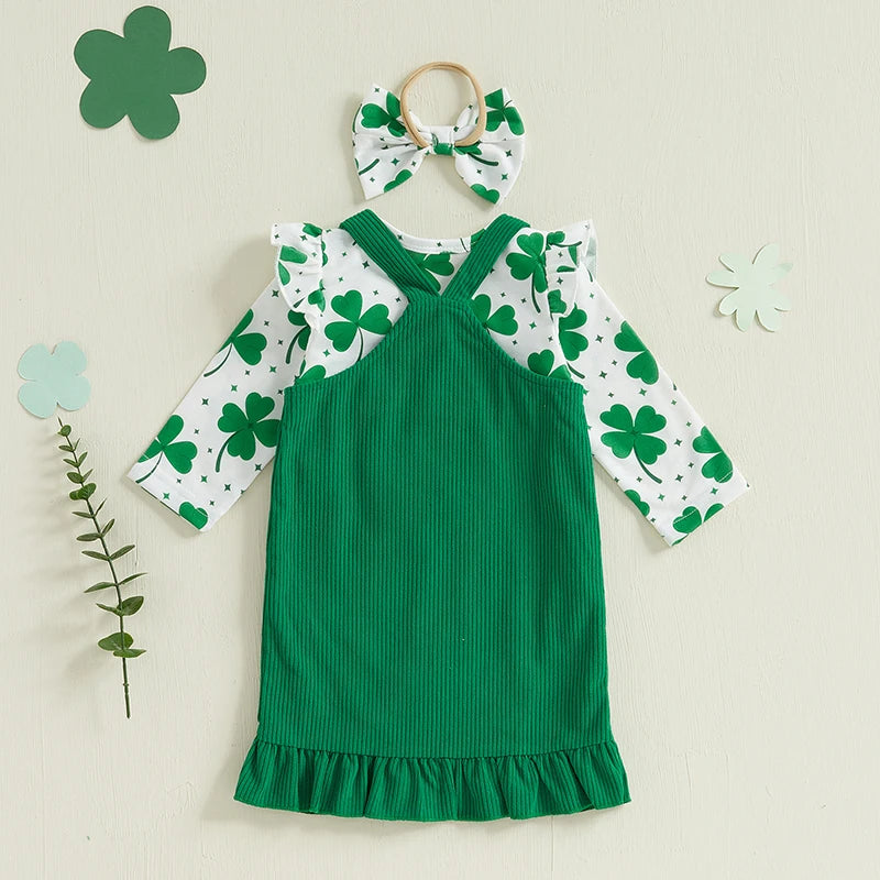 Baby Girls 3Pcs Winter Spring Outfit Valentines Heart/ Four Leaf Clover Print Ruffle Long Sleeve Romper Corduroy Overall Dress Bow Headband Valentine's Day / St. Patrick's Day Set