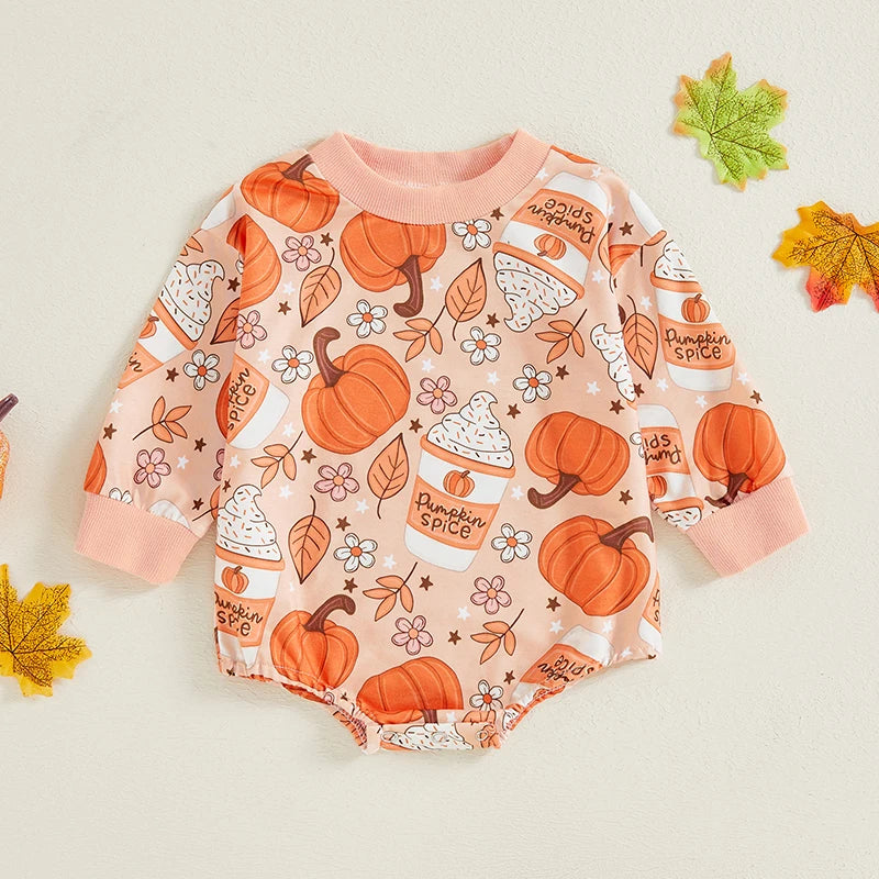 Baby Girl Halloween Fall Thanksgiving Romper Pumpkin Latte Flowers Floral Print Round Neck Long Sleeve Bubble Jumpsuit