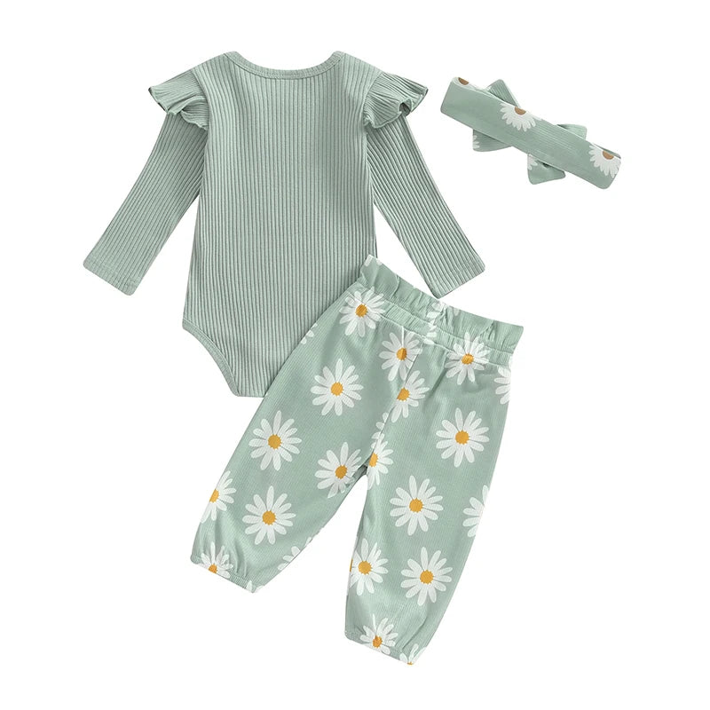 Baby Girls 3Pcs Little Sister Fall Outfit Letter Print Long Sleeve Romper with Daisy Flower Pattern Pants and Headband Set