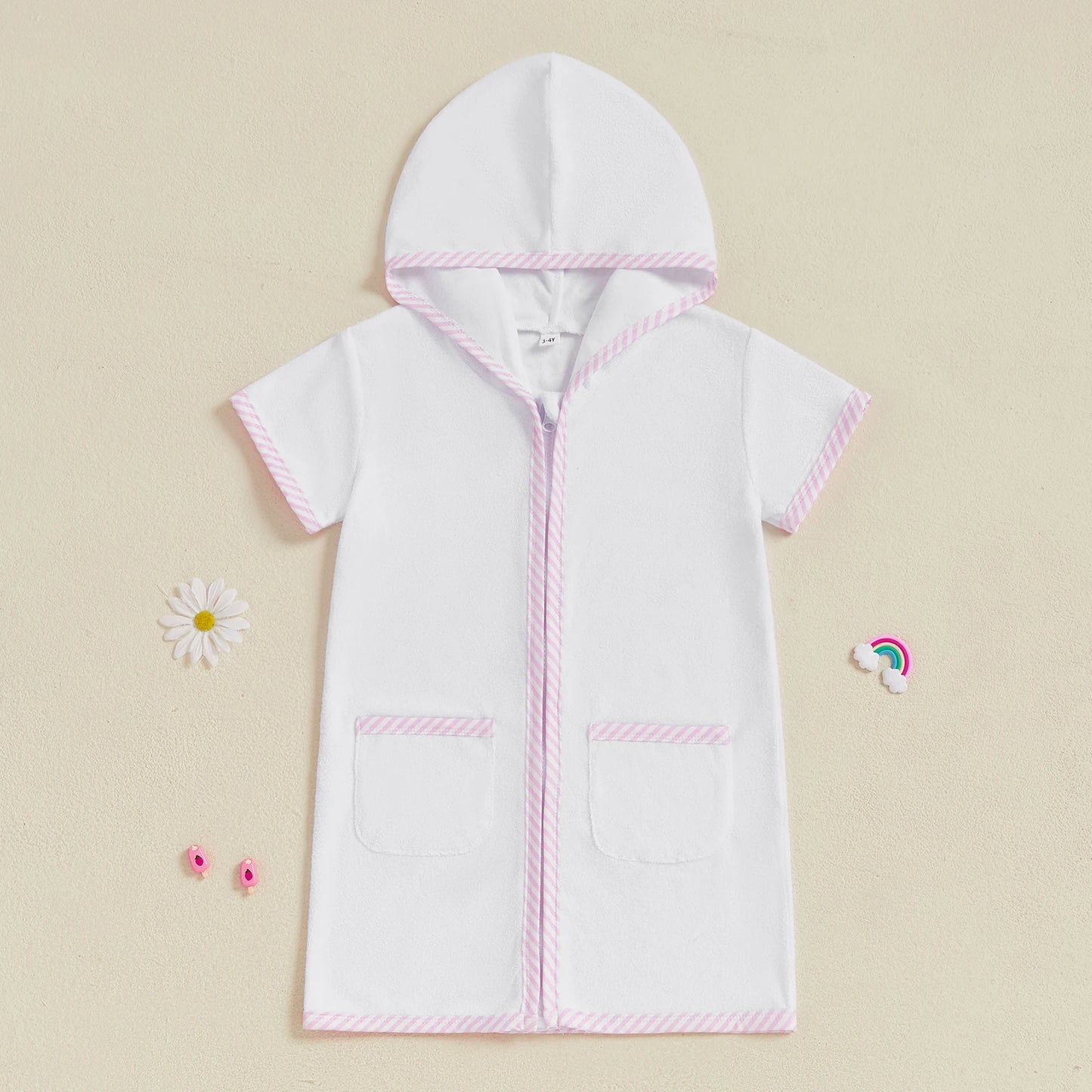 Toddler Kids Boys Girls Cover up Swimwear Striped Patchwork Short Sleeve Zipper Hoodie Beach Shirt Towel