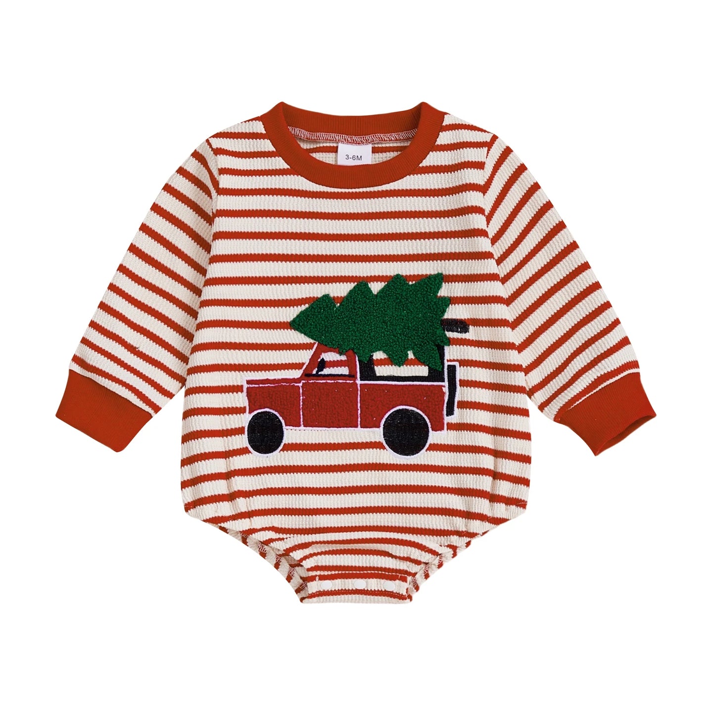 Baby Boy Girl Christmas Striped Jumpsuit Long Sleeve Round Neck Tree Truck Embroidery Romper