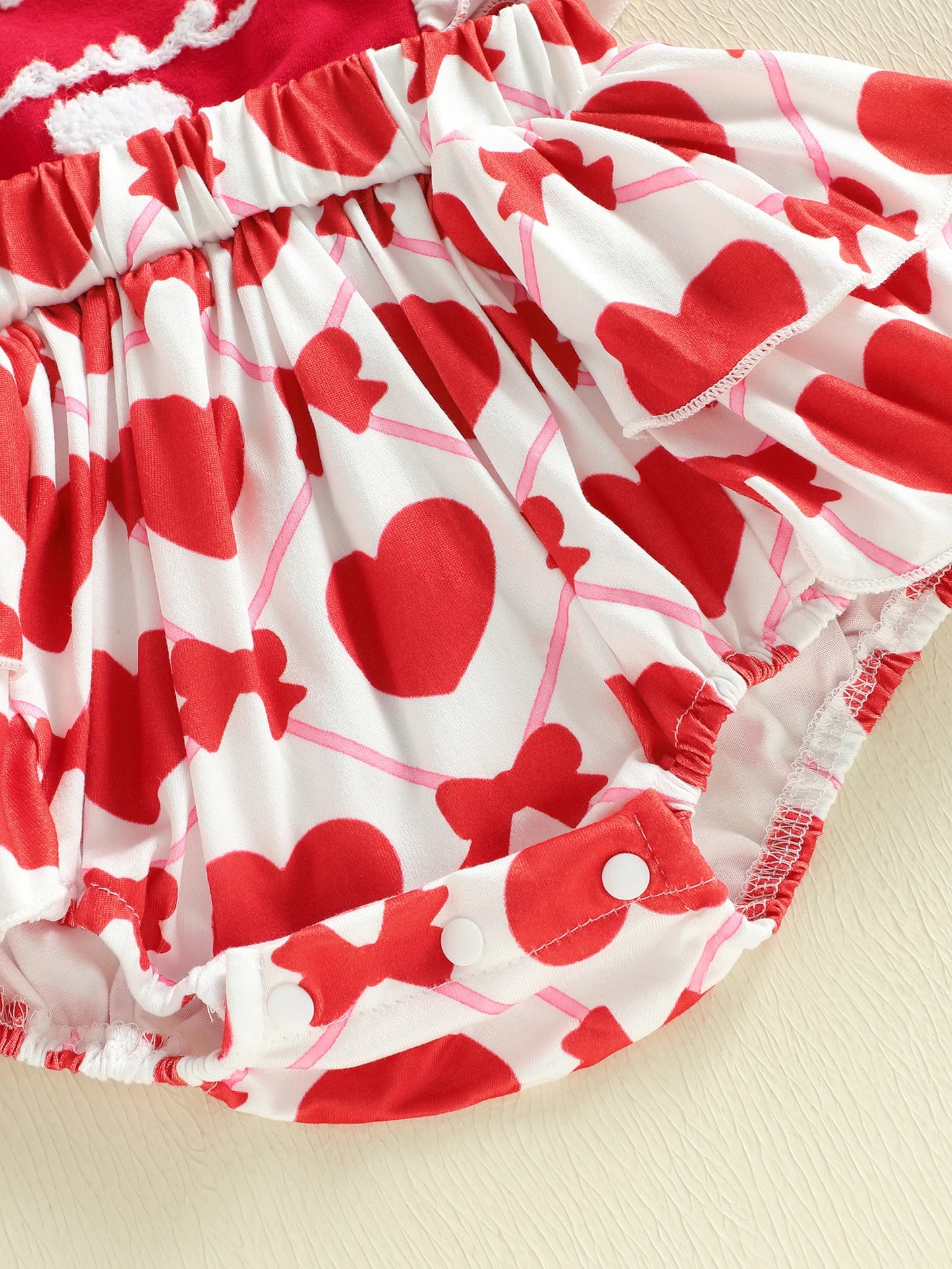 Baby Girls 2Pcs Little Love Valentine's Day Romper Flutter Sleeve Letter Embroidery Heart Print Jumpsuits with Bow Headband Set