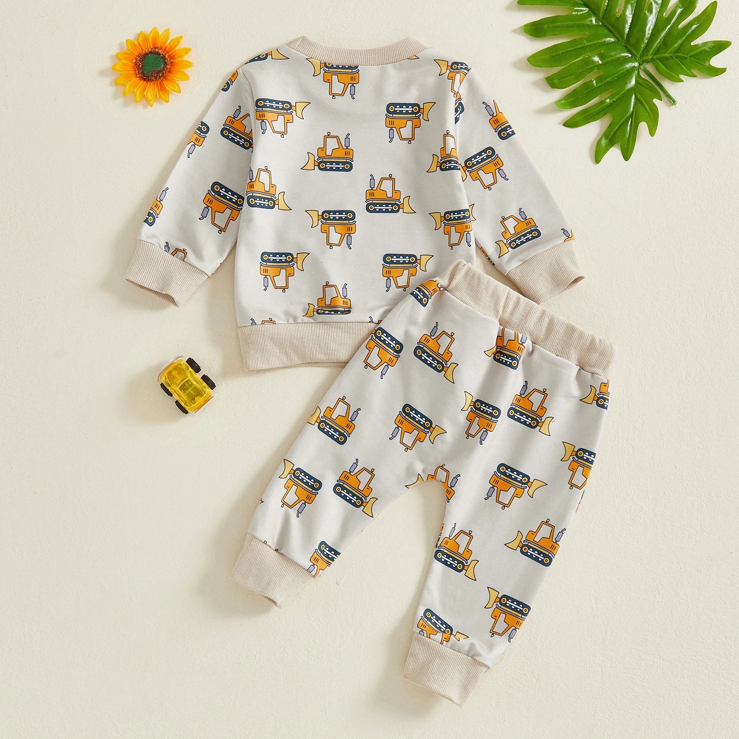 Baby Toddler Boys 2Pcs Autumn Sets Long Sleeve O Neck Excavator Print Top Drawstring Pants Jogger Set