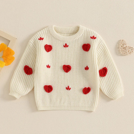 Baby Toddler Girls Valentine's Day Sweater Heart Long Sleeve O-Neck Ribbed Chunky Knit Jumper Valentines Top