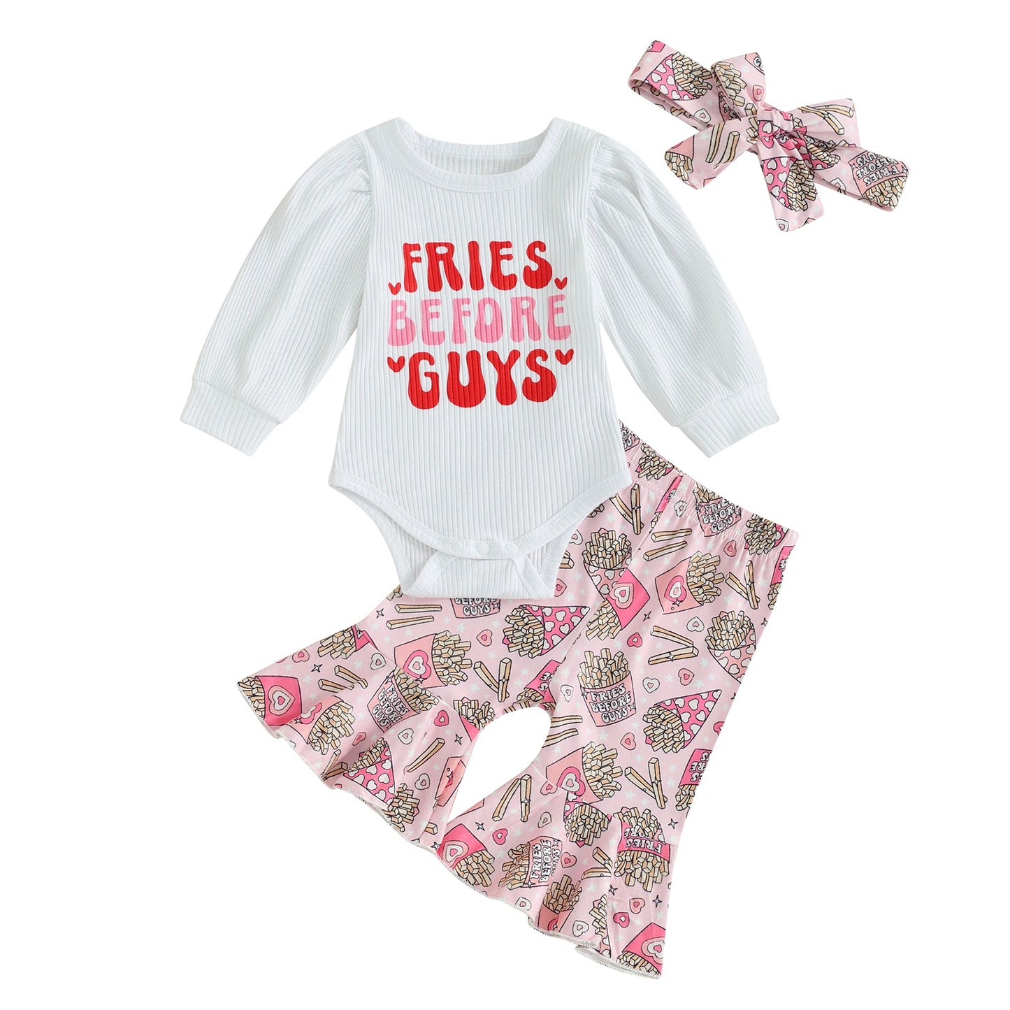 Baby Girls 3Pcs Fries Before Guys Valentine's Day Clothes Sets Letter Print Long Sleeve Romper Heart Flare Pants Headband 3Pcs Clothes Set