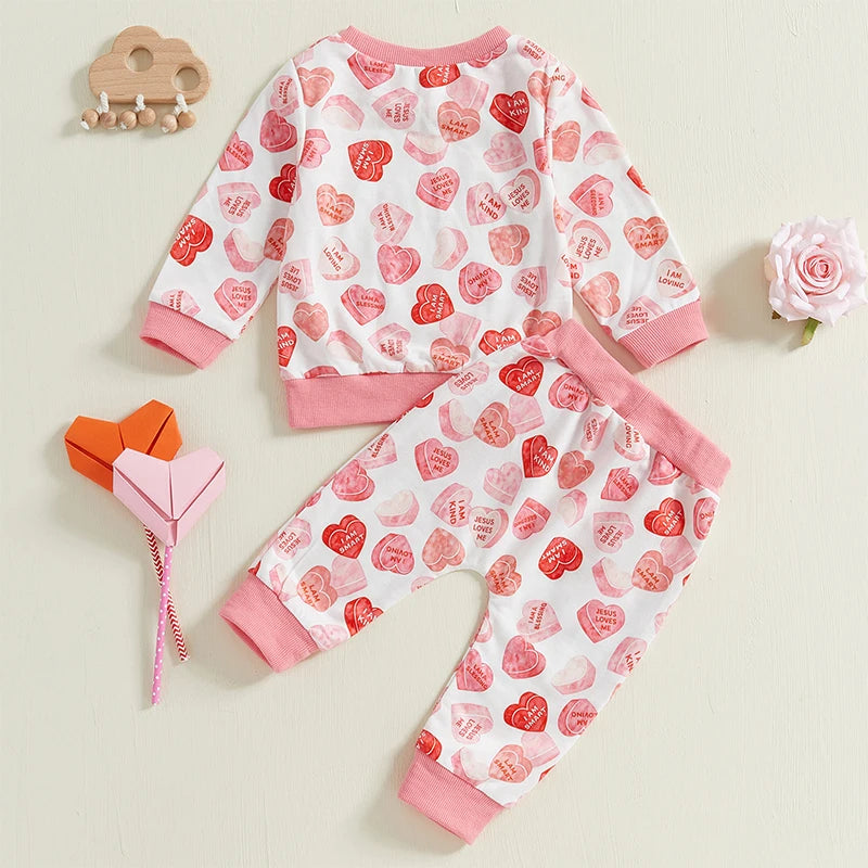 Baby Toddler Girls 2Pcs Valentine's Day Outfit Candy Heart Print Long Sleeve Crewneck Top Elastic Waist Long Pants with Pockets Jogger Set