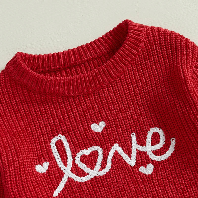 Baby Girl Boy Love Valentine’s Day Romper Long Sleeve O-Neck Letter Embroidery Knit Jumpsuit Sweater Bodysuit