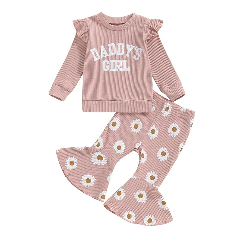 Baby Toddler Girls 2Pcs Daddy's Girl Outfit Letter Print Frill Shoulder Long Sleeve Ribbed Top Flower Daisy Print Flare Long Pants Set