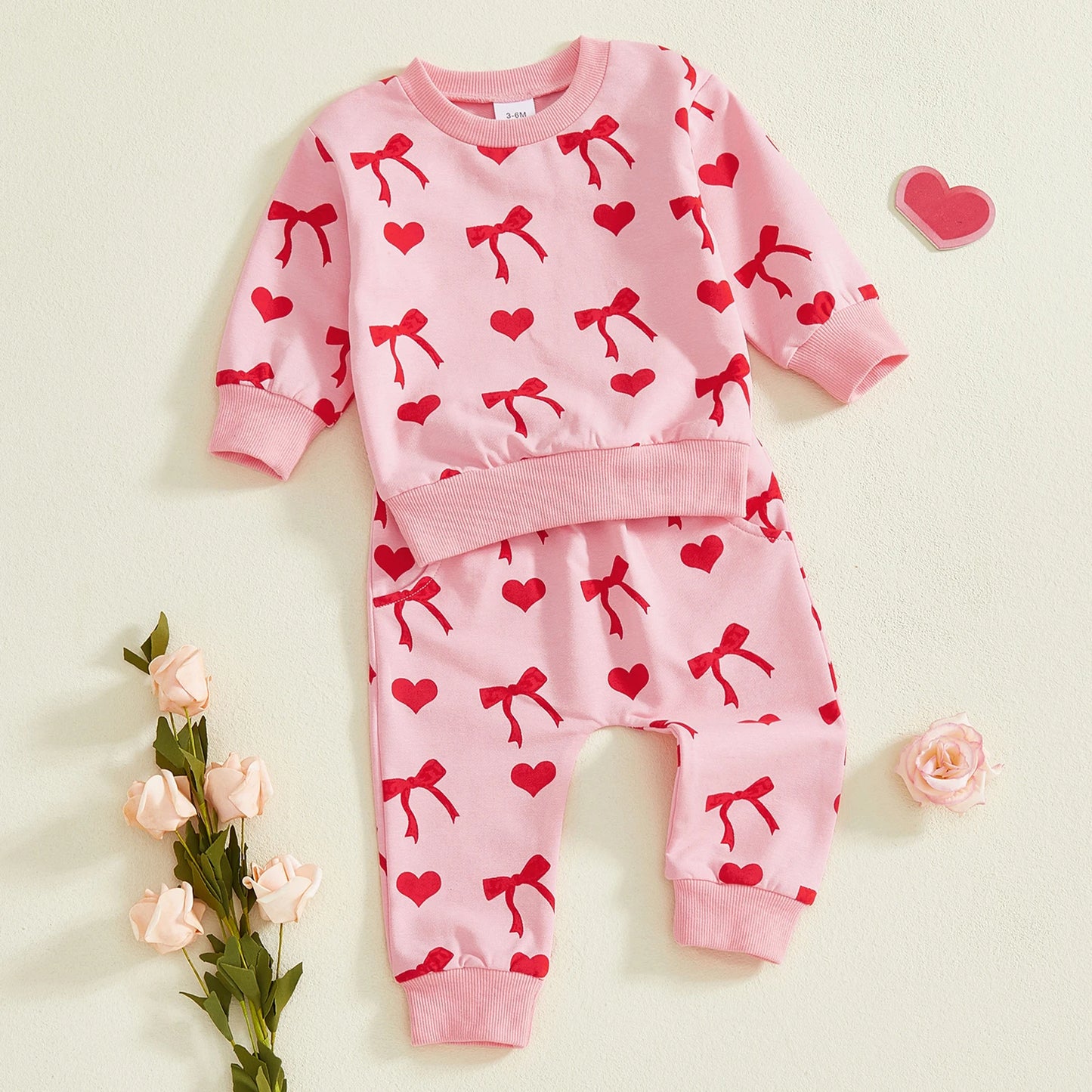 Baby Toddler Girls 2Pcs Valentines Day Outfit Heart Bow Print Long Sleeve Top and Pants Jogger Set