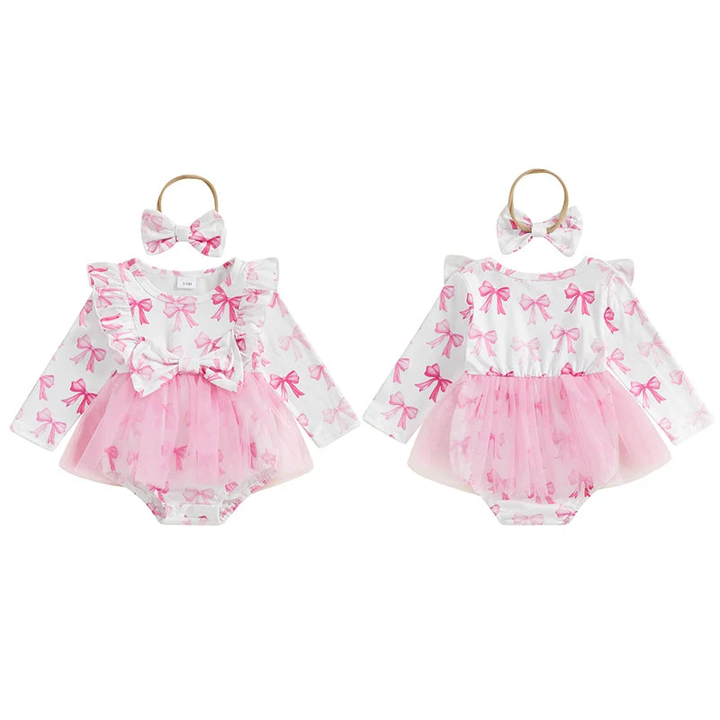 Baby Girls 2Pcs Romper Dress Bow Print Ruffled Trim Long Sleeve Tutu Jumpsuit Headband Outfit Set