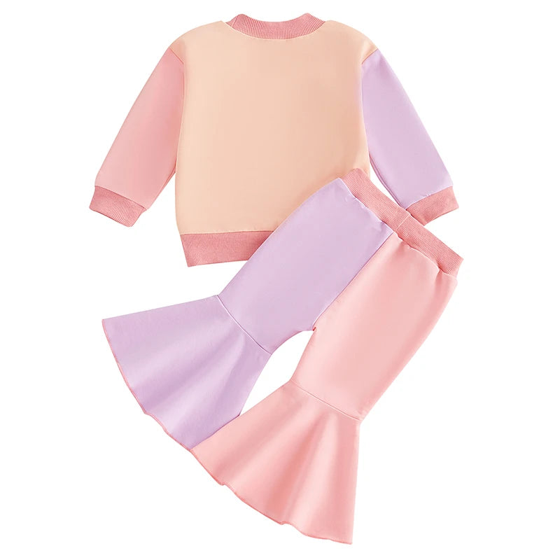 Baby Toddler Girls 2Pcs Fall Set Long Sleeve Crewneck Contrast Color Top Flared Pants Set Outfit