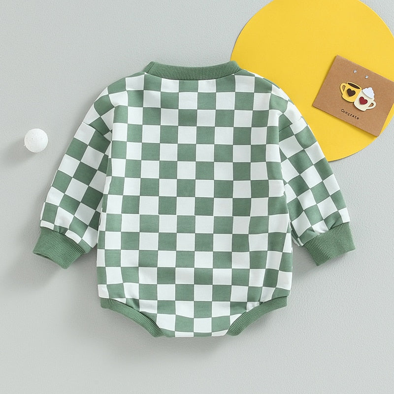 Baby Boy Girl Fall Sweatshirt Bodysuit Checkerboard Print Long Sleeve Jumpsuit Romper