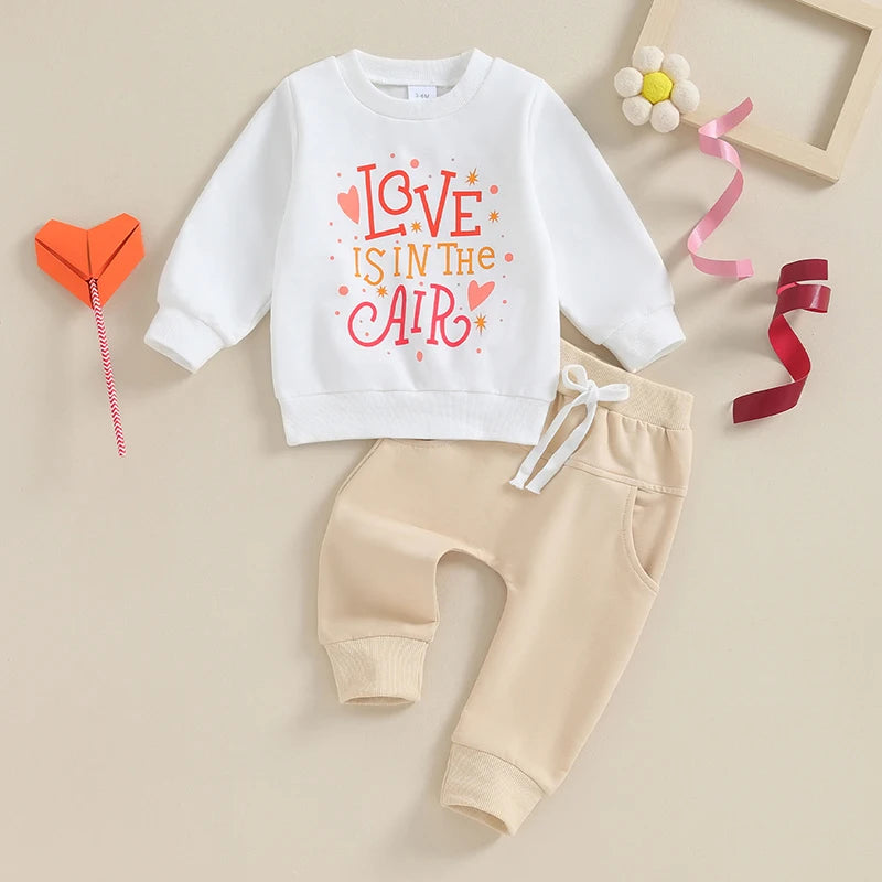 Baby Toddler Girls Boys 2Pcs Valentine's Day Clothes Set Long Sleeve O-Neck Letters Love Is In The Air Heart Print Top with Jogger Pants Outfit