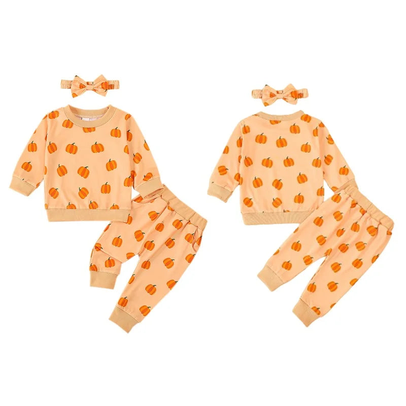 Baby Toddler Girls 3Pcs Halloween Outfit Pumpkin Print Long Sleeve Top Long Pants Headband Fall Set