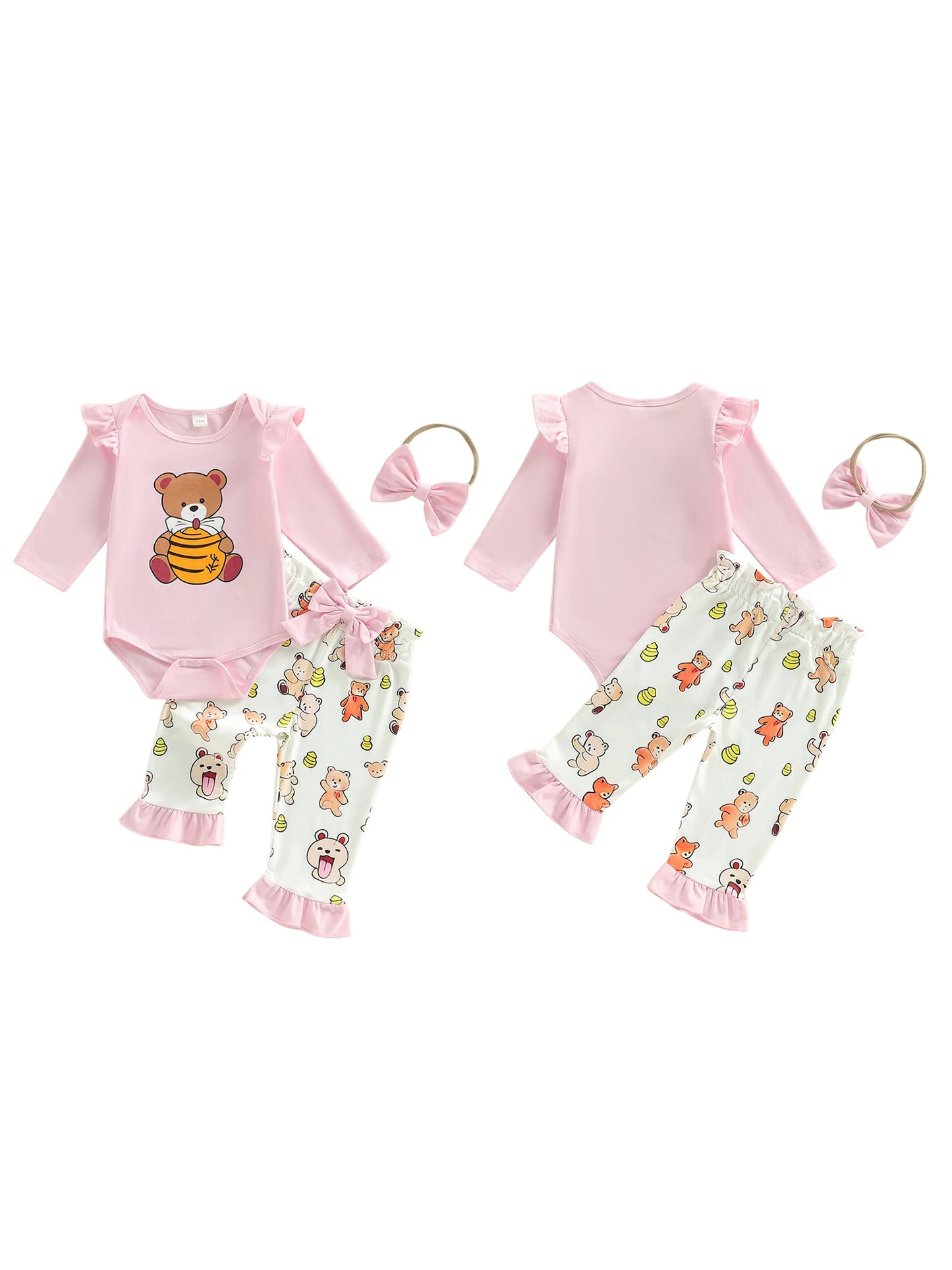 Baby Girl 3Pcs Spring Outfit Honey Bear Long Sleeve Romper Ruffle Pants and Bow Headband 3 Piece Set