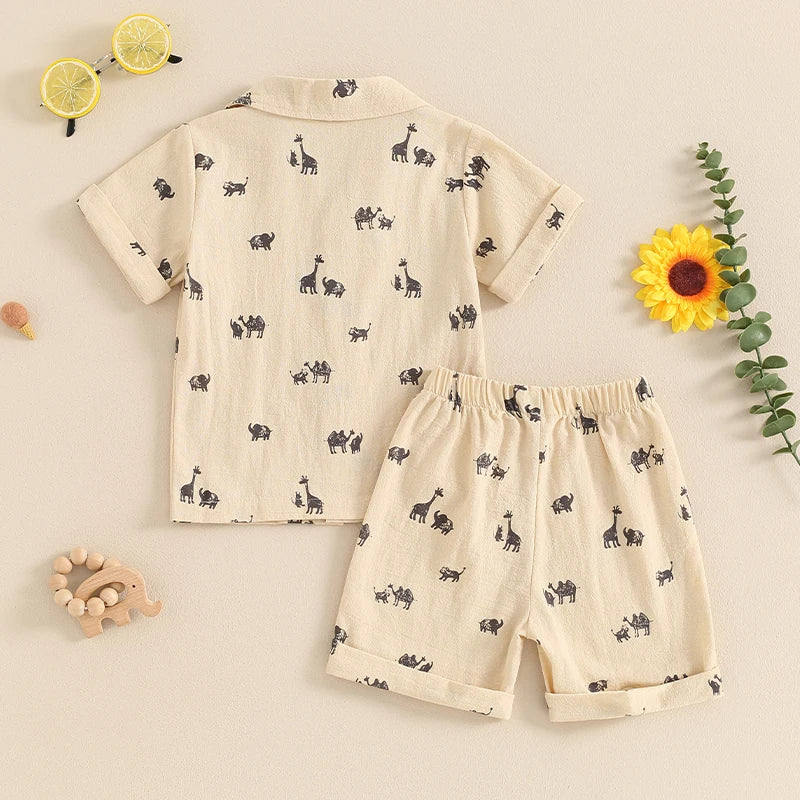 Baby Toddler Boy 2Pcs Summer Outfit Animal Palm Tree Print Lapel Neck Short Sleeve Button Down Shirt Elastic Waist Shorts Set