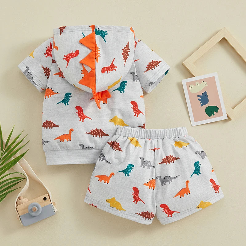 Toddler Kids Boys 2Pcs Dinosaur Outfit Cartoon Print Hooded Short Sleeve Top and Matching Elastic Waist Shorts Set