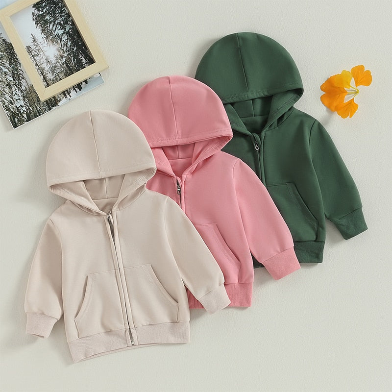 Baby Toddler Kids Boys Girls Hoodies Solid Zip Up Jacket Hooded Long Sleeve Top