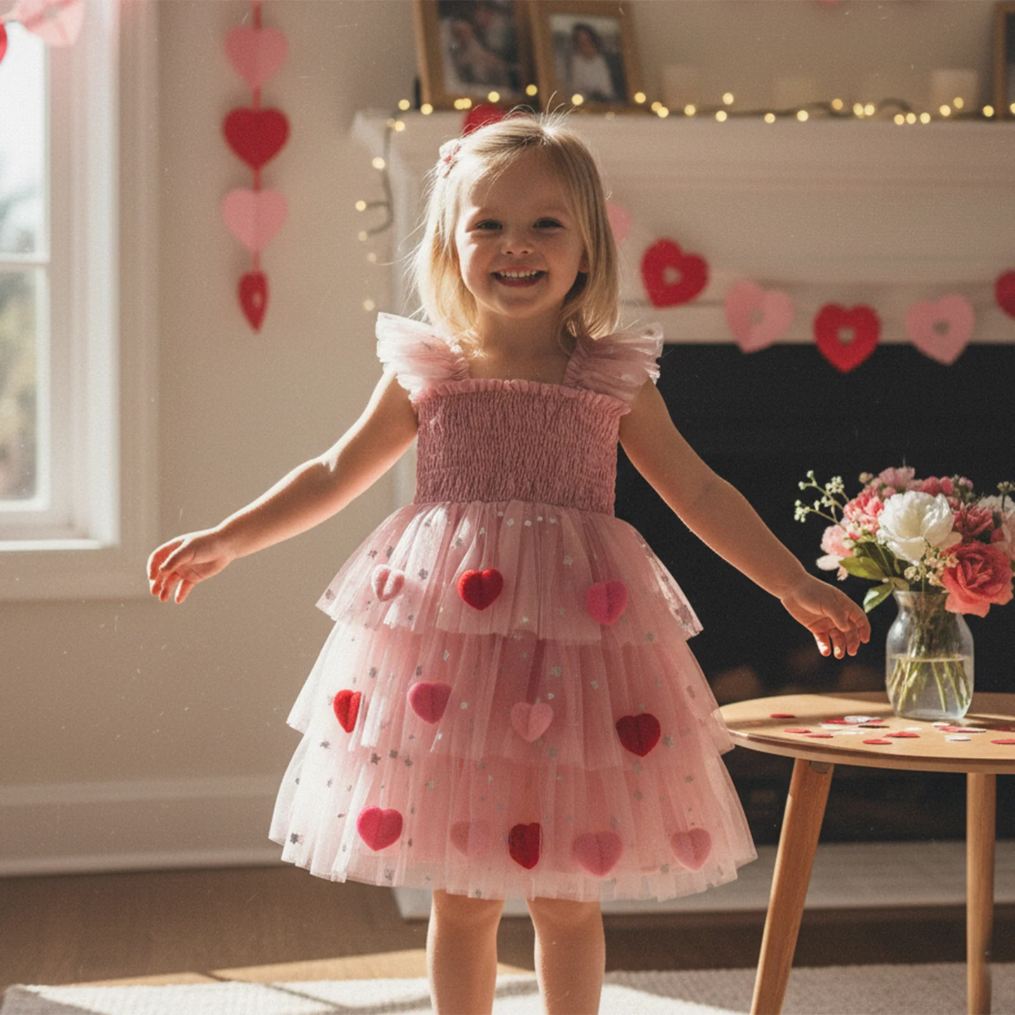 Baby Toddler Kids Girls Valentine's Day Tutu Dress Heart Decorated Sleeveless Square Neck Tulle Layered Dress