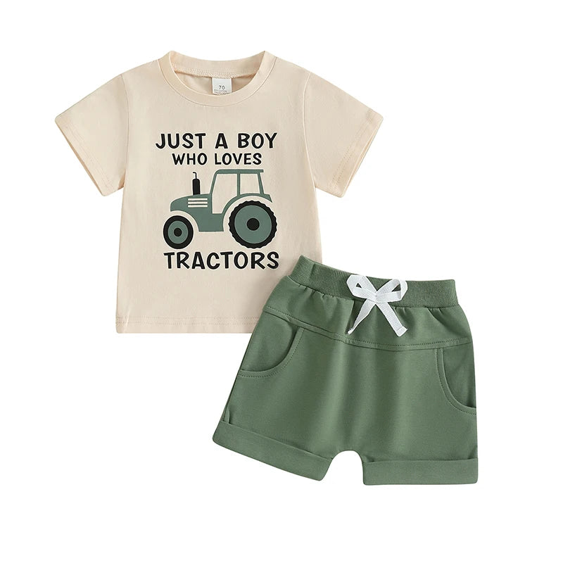 Baby Toddler Boys 2Pcs Summer Outfit Just A Boy Who Loves Tractors Letter Print Round Neck Short Sleeve Top with Solid Shorts Set