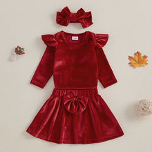 Load image into Gallery viewer, Baby Girls 3Pcs Christmas Outfit Ruffle Long Sleeve Velvet Romper Elastic Waist Skirt Headband Set
