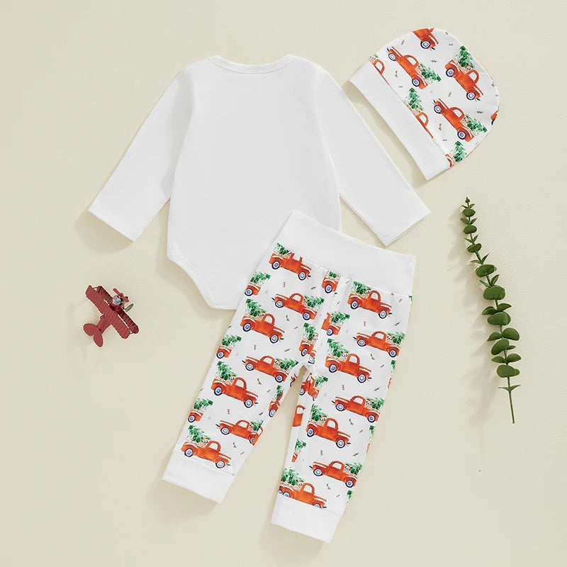 Baby Boy Girl 3Pcs My First Christmas Outfit Letter Long Sleeve Romper Elastic Waist Tree Truck Print Pants Hat Set