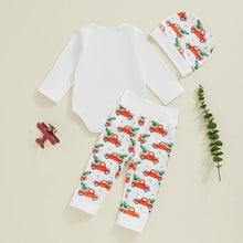 Load image into Gallery viewer, Baby Boy Girl 3Pcs My First Christmas Outfit Letter Long Sleeve Romper Elastic Waist Tree Truck Print Pants Hat Set
