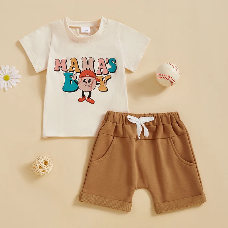 Baby Toddler Boys 2Pcs Mama's Boy Summer Outfit Letter Baseball Print O-Neck Short Sleeve Top with Elastic Waist Shorts Set