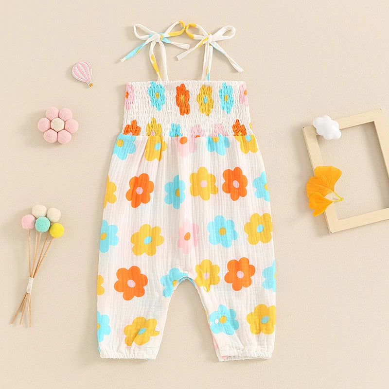 Baby Girl Romper Flower Print Shirred Square Neck Tie-Up Spaghetti Strap Tank Top Jumpsuit Summer Overalls