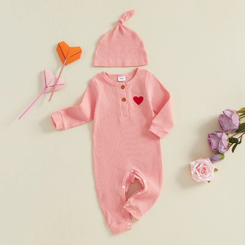 Baby Boys Girls 2Pcs Valentine's Day Heart Print Long Sleeve Ribbed Romper Hat Valentines Outfit Set