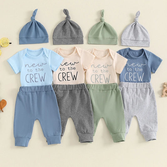 Baby Boy 3Pcs New To The Crew Outfit Letter Short Sleeve Romper with Solid Color Pants and Hat Set