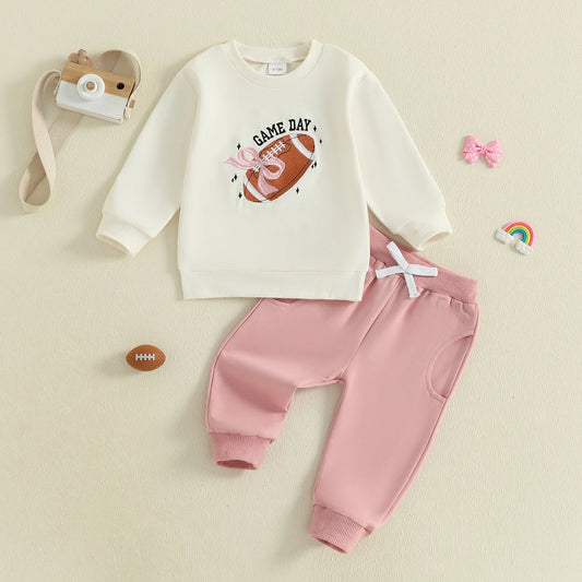 Baby Toddler Girls 2Pcs Game Day Fall Outfits Long Sleeve Bow Football Embroidery Top Jogger Pants Set Clothes