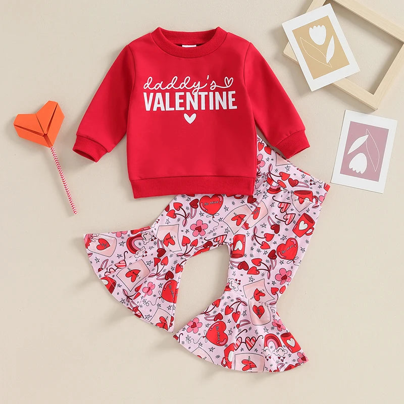 Toddler Baby Girl 2Pcs Valentine's Day Outfit Daddy's Valentine Letter Heart Print Crewneck Top Flare Pant Clothes Set