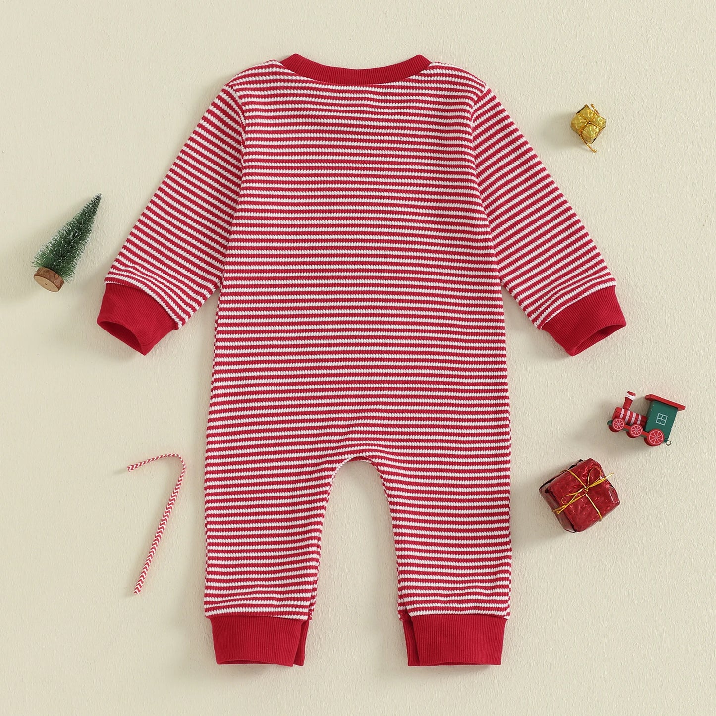 Baby Boys Christmas Romper Stripe Print Gingerbread Man Embroidery Long Sleeve Round Neck Jumpsuit