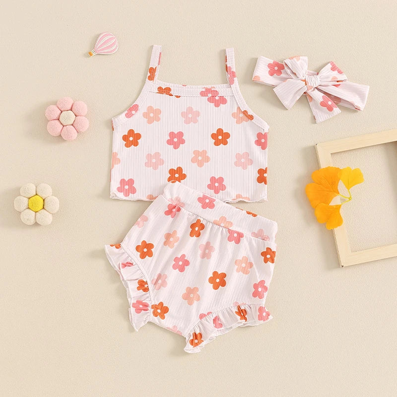 Baby Girls 3Pcs Outfit Floral Sleeveless Camisole Tank Top and Elastic Ruffle Shorts Headband Set Clothes