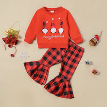 Load image into Gallery viewer, Baby Toddler Girls 2Pcs Merry Christmas Outfit Gnome Letter Embroidery Long SleeveTop Plaid Flare Pants Set
