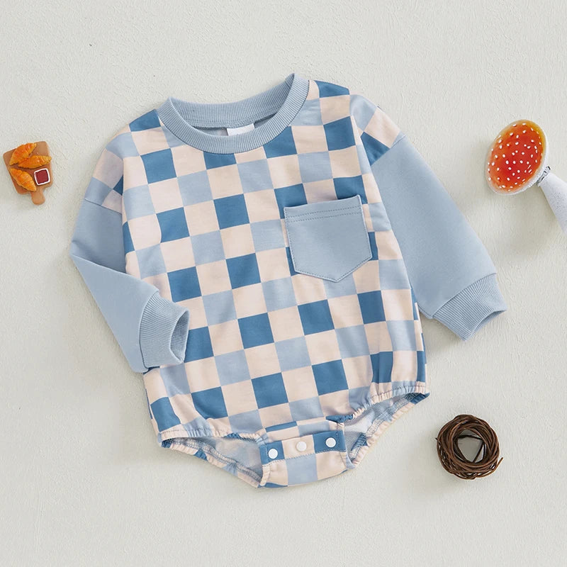 Baby Girl Boy Checkered Bubble Romper Casual Plaid Print Long Sleeve Jumpsuit