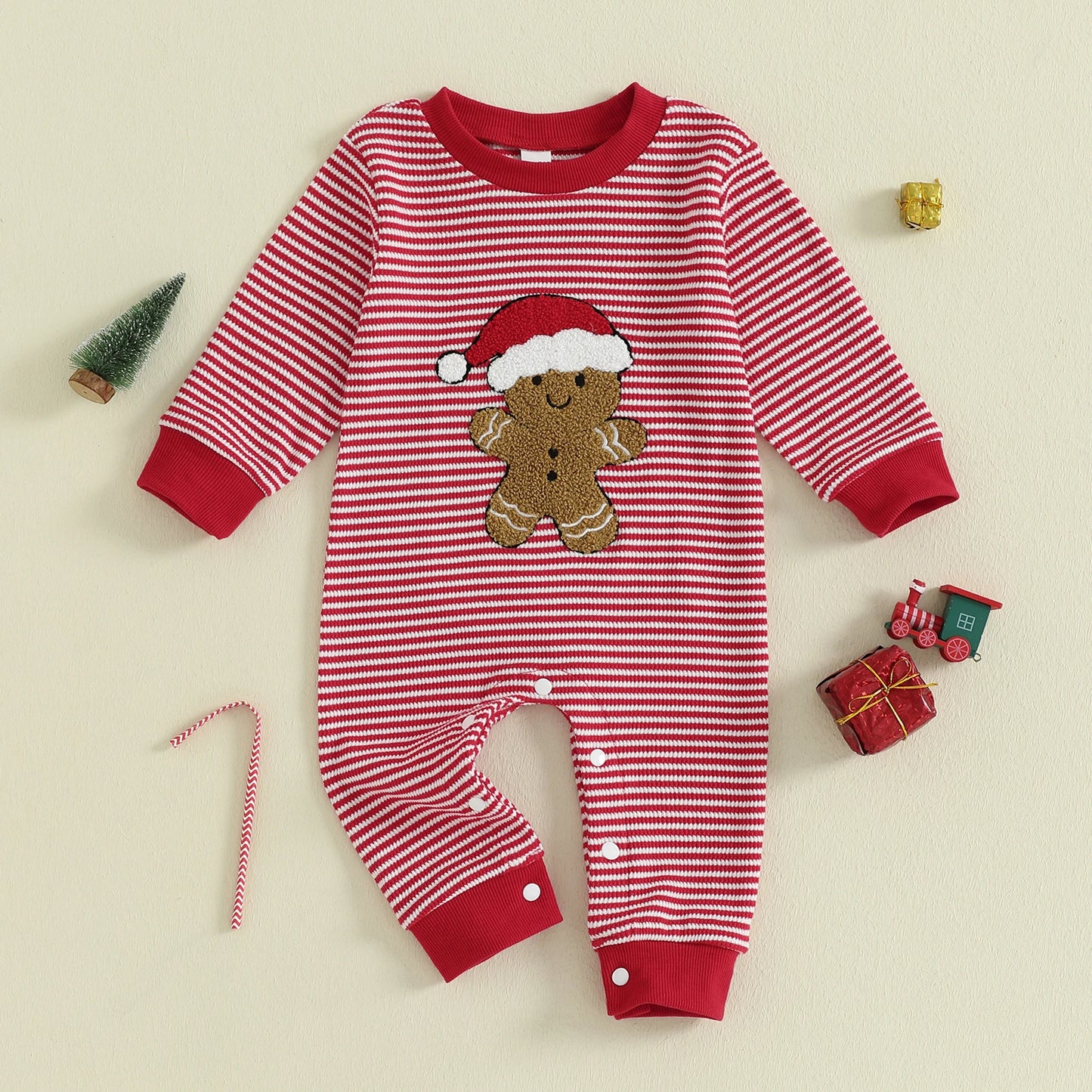 Baby Boys Christmas Romper Stripe Print Gingerbread Man Embroidery Long Sleeve Round Neck Jumpsuit