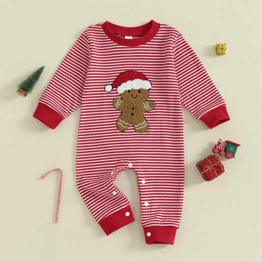 Baby Boys Christmas Romper Stripe Print Gingerbread Man Embroidery Long Sleeve Round Neck Jumpsuit