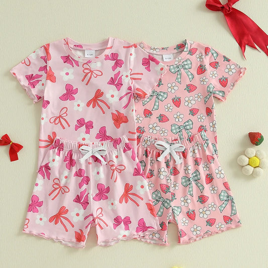 Baby Toddler Girls 2Pcs Summer Spring Outfit Short Sleeve Bow Strawberry Flower Floral Print Top + Shorts Set Clothes