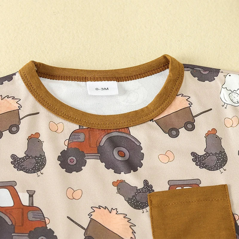 Baby Toddler Boy Girl 2Pcs Spring Summer Clothes Cute Farm Animals Chicken Chick Tractor Print Outfit Set Short Sleeve Cartoon Top and Shorts