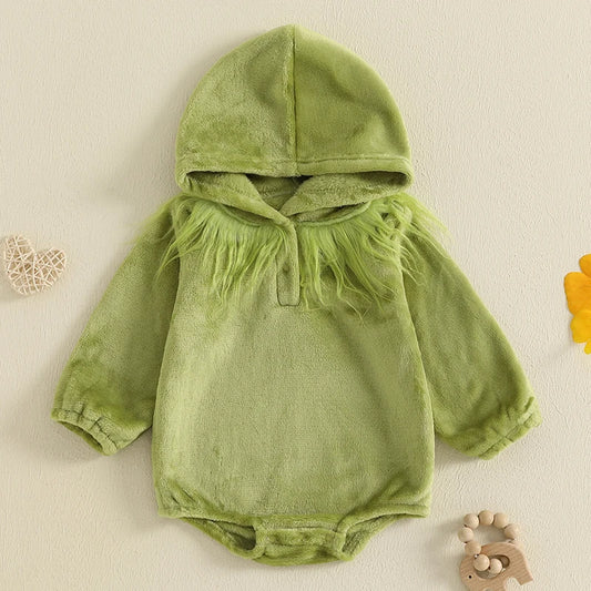 Baby Boys Girls Christmas Hood Romper Green Grinch Fuzzy Long Sleeve Bubble Jumpsuit