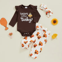 Load image into Gallery viewer, Baby Girls 3Pcs My 1st Thanksgiving / Daddy&#39;s Little Turkey Outfit Long Sleeve Romper + Polka Dots/Turkey Print Pants + Headband Fall Set
