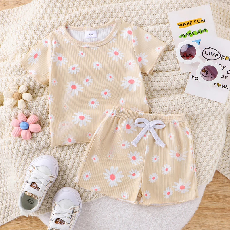 Baby Toddler Girl 2Pcs Clothes Set Round Neck Short Sleeve Daisy Flower Print Top + Elastic Waist Shorts Outfit