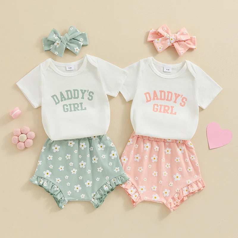 Baby Girl 3Pcs Daddy’s Girl Short Sleeve Romper Flower Ruffle Shorts Headband Outfit Set