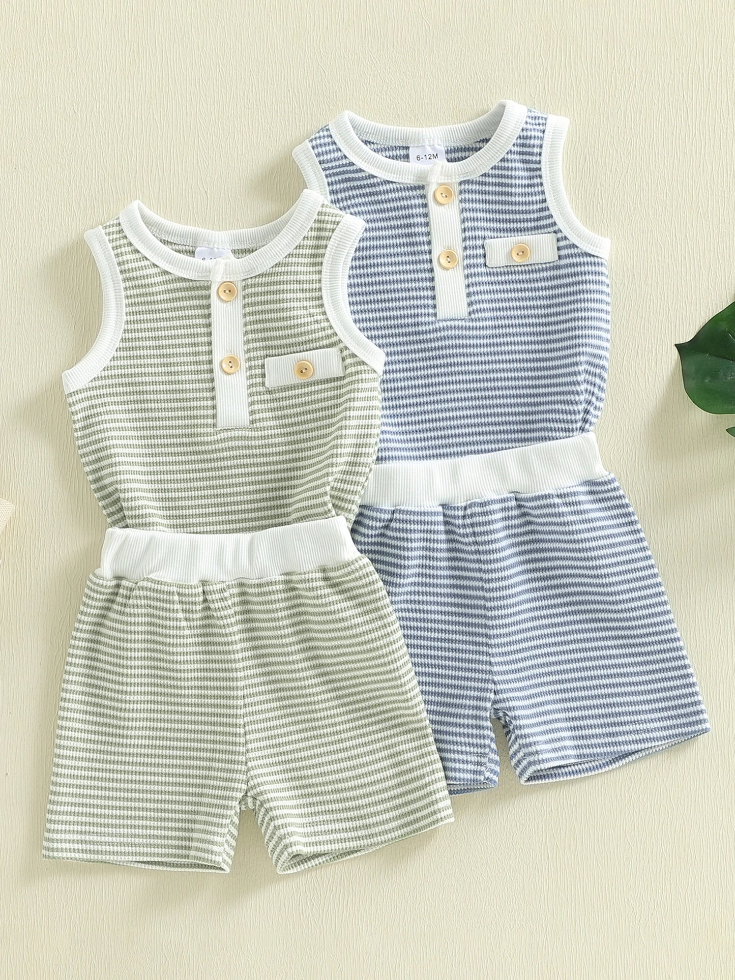 Baby Toddler Boys 2Pcs Summer Outfit Contrast Color Striped Half Button Up Crew Neck Sleeveless Tank Top and Shorts Set