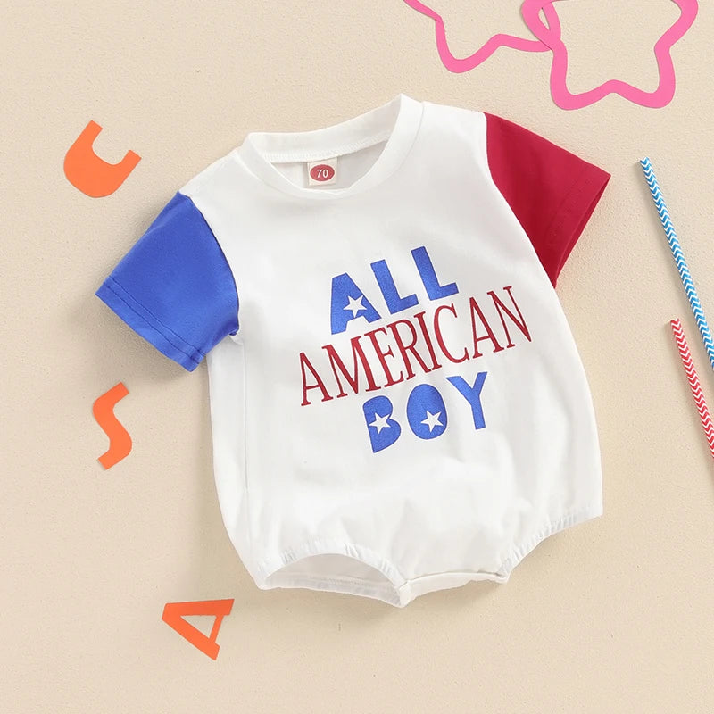 Baby Boys All American Boy Jumpsuit Casual 4th of July Letter Print Short Sleeve Romper