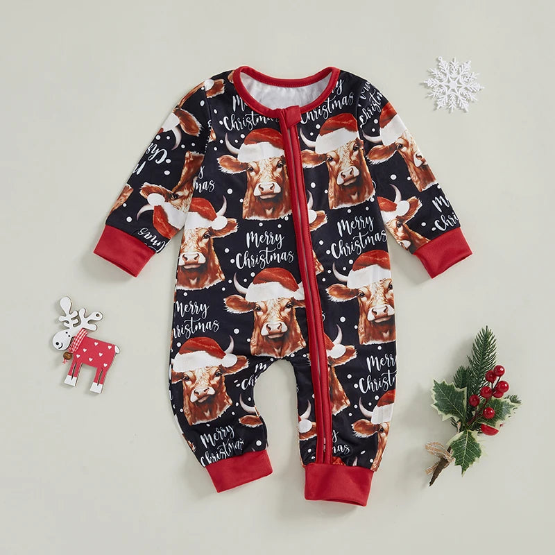 Baby Boys Girls Christmas Jumpsuit Bull Cow Santa Hat Merry Christmas Letter Print Round Neck Long Sleeve Zipper Romper