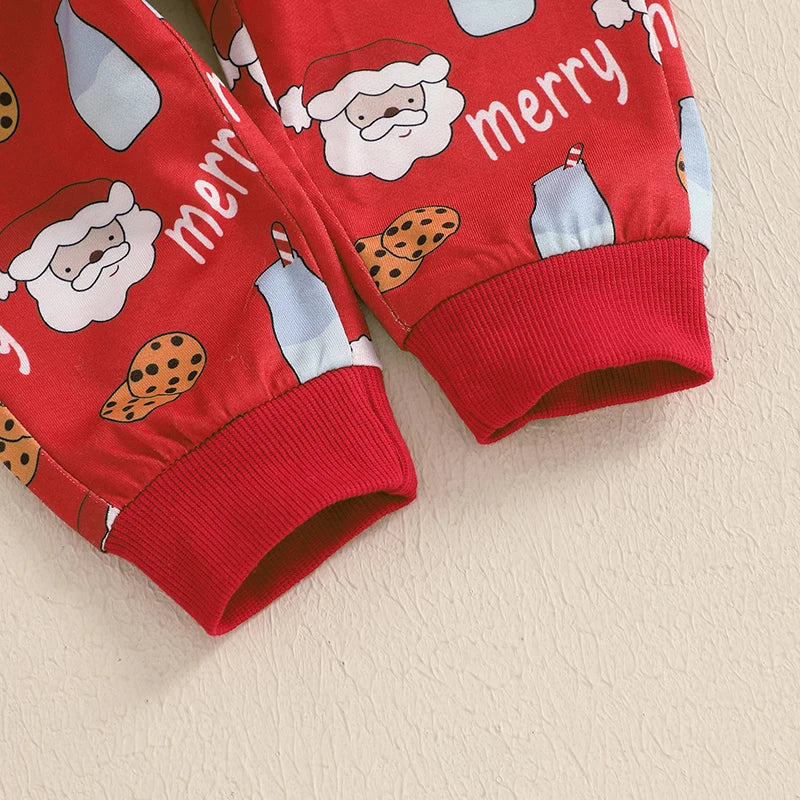 Baby Toddler Boys Girls 2Pcs Christmas Jogger Set Long Sleeve Round Neck Milk Cookies Merry Santa Claus Print Top Pants Outfit