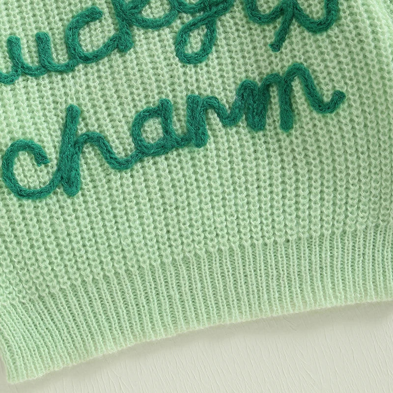 Baby Toddler Boys Girls Lucky Charm St. Patrick's Day Irish Sweater Shamrock Letter Embroidery Long Sleeve Crew Neck Knitwear Pullover Top